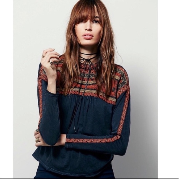 Free People Snow Bunny Boho Burnt Orange Embroidered Boxy Swing Top - Picture 3 of 12